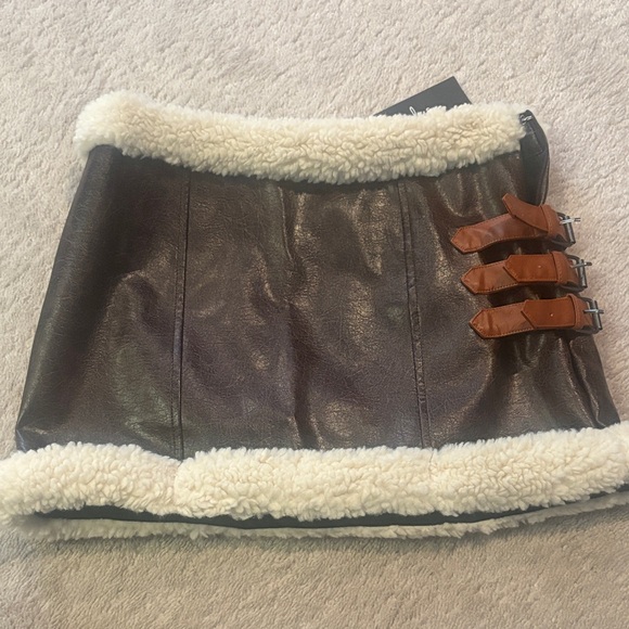 Lulus Dresses & Skirts - Brown Faux Leather Skirt with Shearling Trim